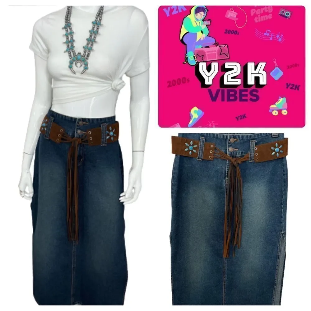 Vintage‎ Y2K Squeeze by Stephen Hardy side slit midi blue jean skirt - 9/10